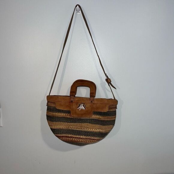 Vintage African Sisal Market Woven Bag Leather Handles & Strap Painted Giraffe - Picture 10 of 11